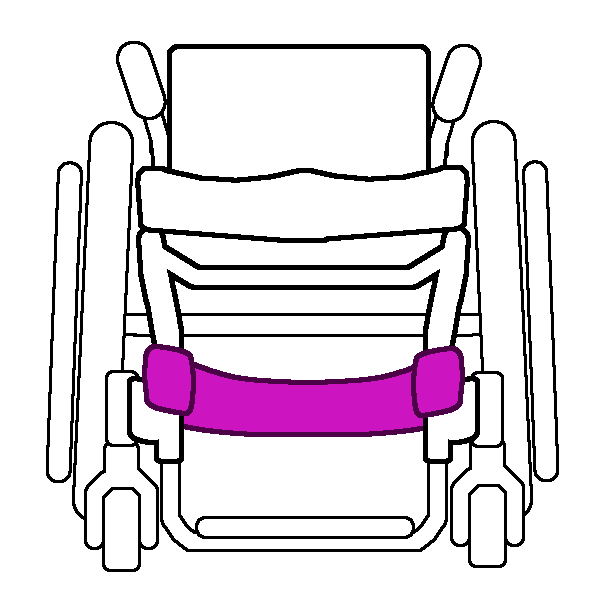  A black and white rigid wheelchair from the front with a bright pink calf strap.